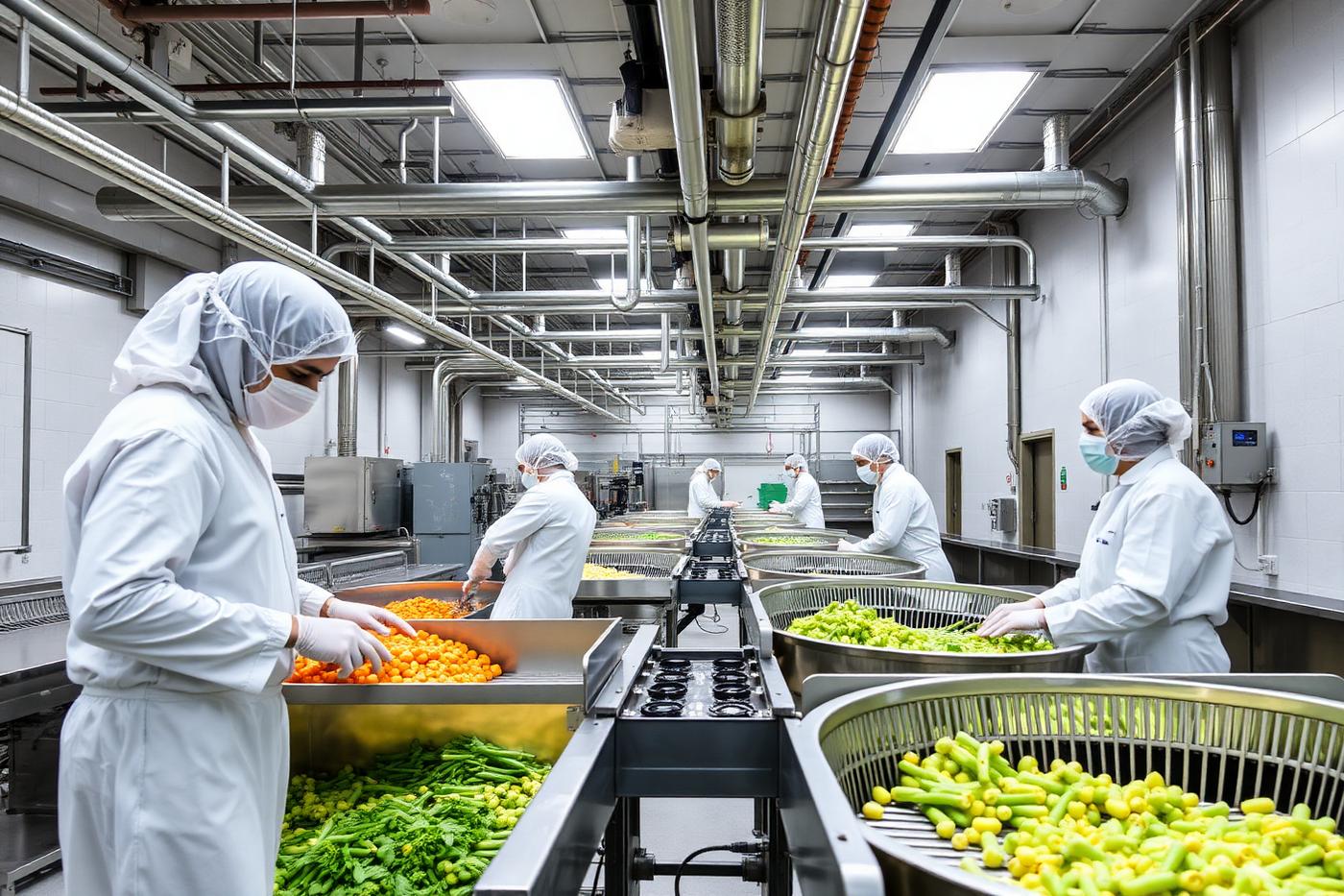 Workers sorting and grading agricultural produce in a hygienic processing facility