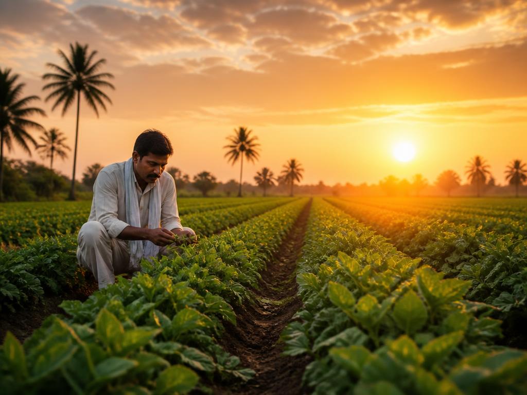 Indian farmer inspecting lush green crop rows at sunrise on a South Indian farm