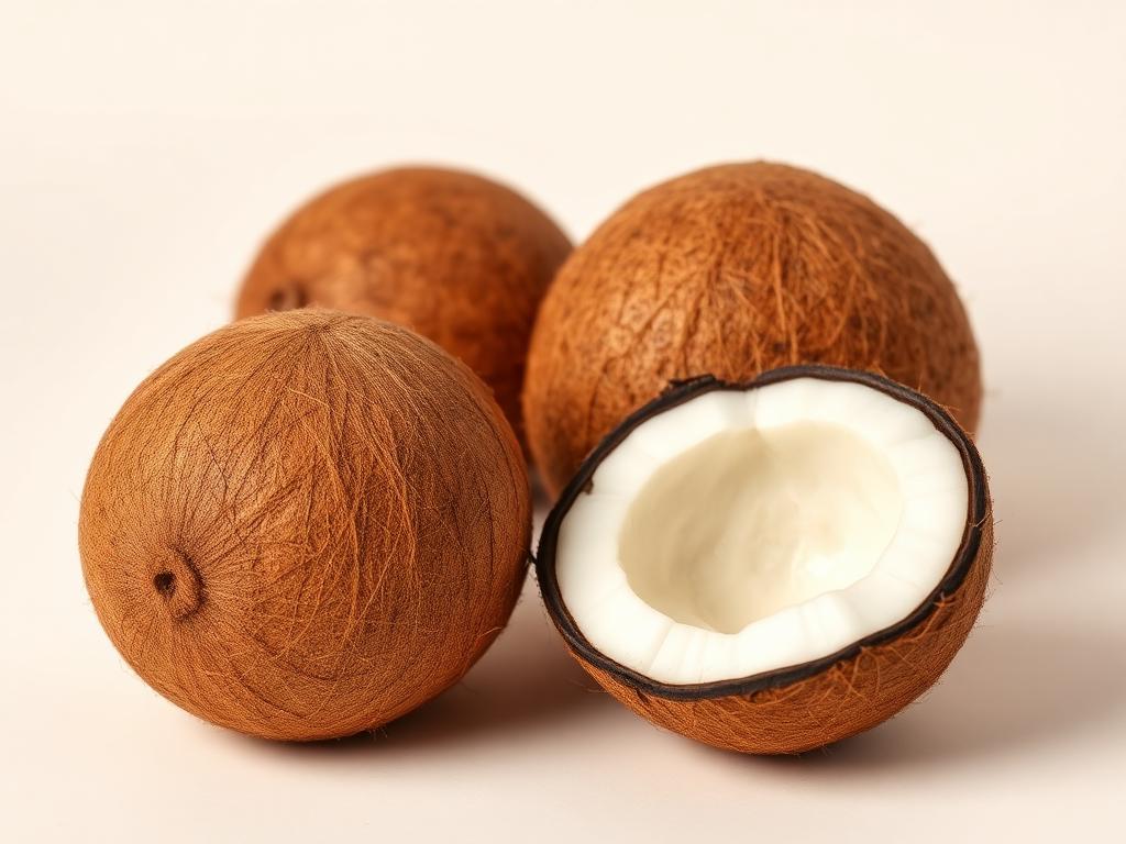 Whole brown coconuts and one halved coconut showing white kernel