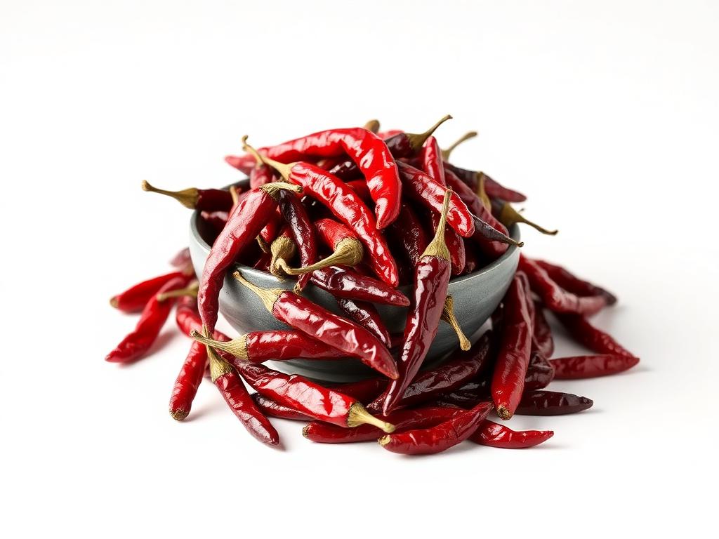 Dried red chillies heaped in and around a grey ceramic bowl