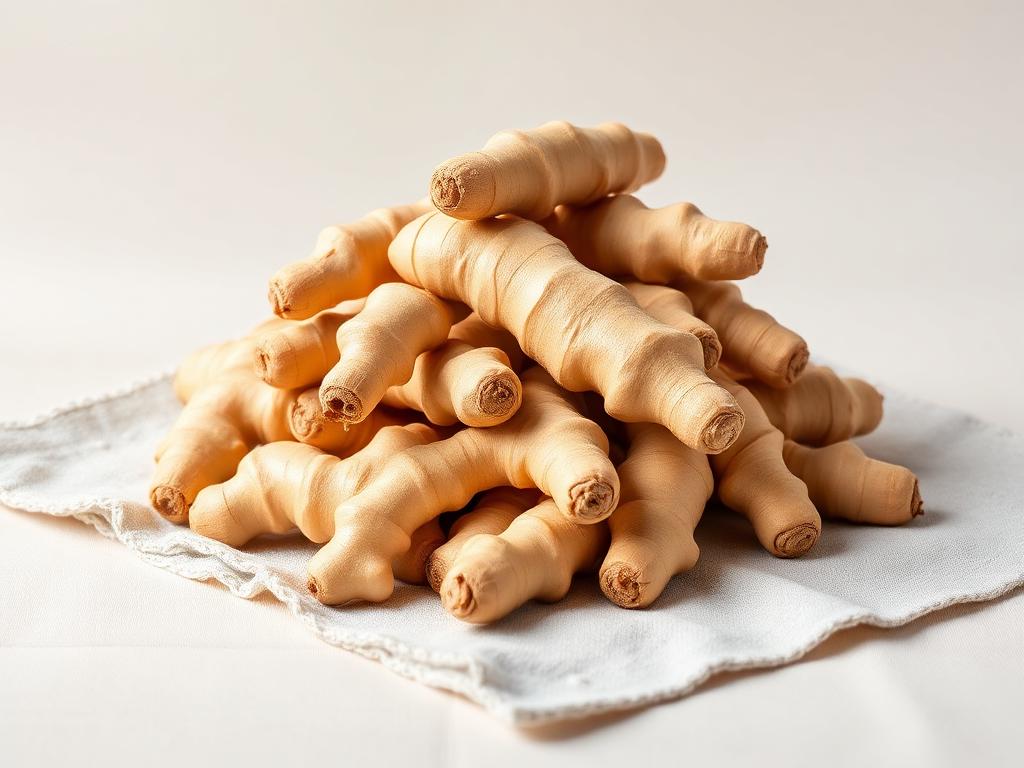 Pile of fresh ginger rhizomes resting on a white linen cloth