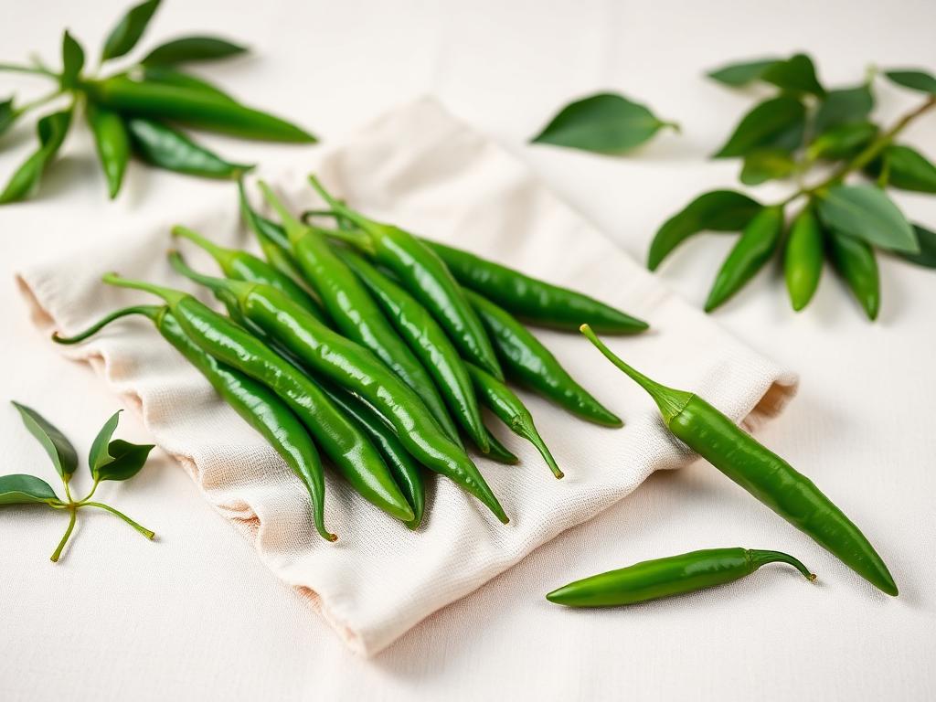 Fresh glossy green chillies laid on a cream linen cloth