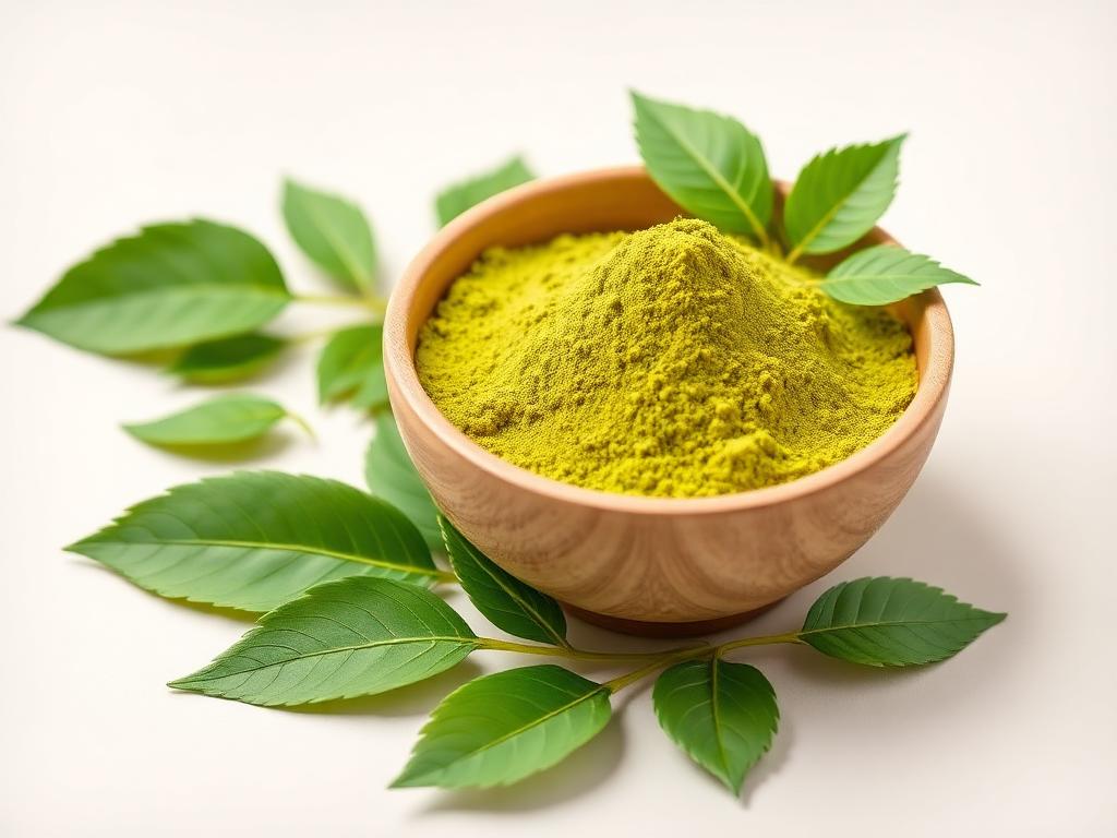 Bright green moringa leaf powder in a wooden bowl with fresh moringa leaves