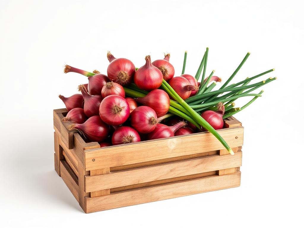 Fresh red onions with green stalks in a wooden export crate