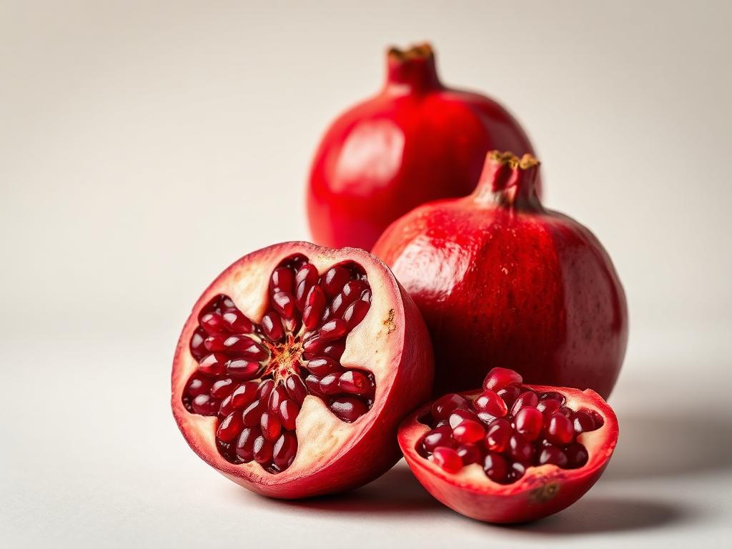 Whole red pomegranates with one cut open showing ruby arils