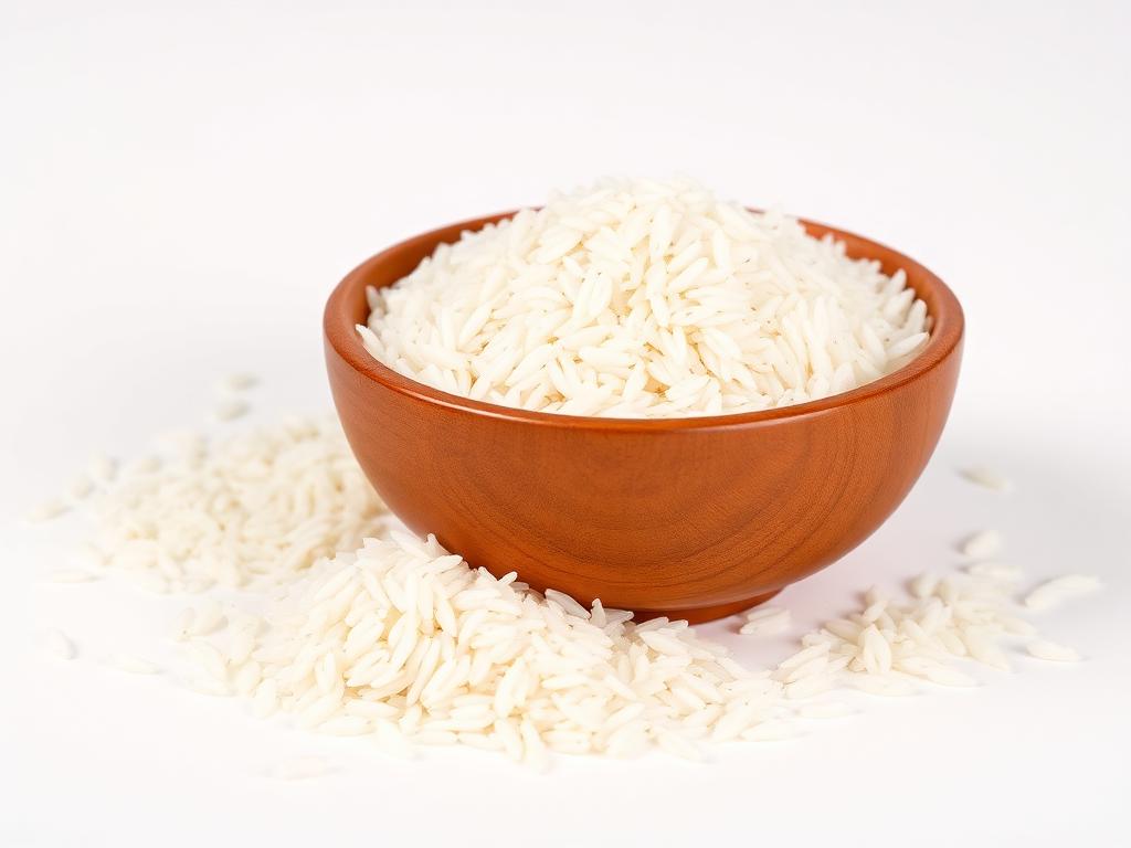 Long grain white rice in a wooden bowl with grains scattered around