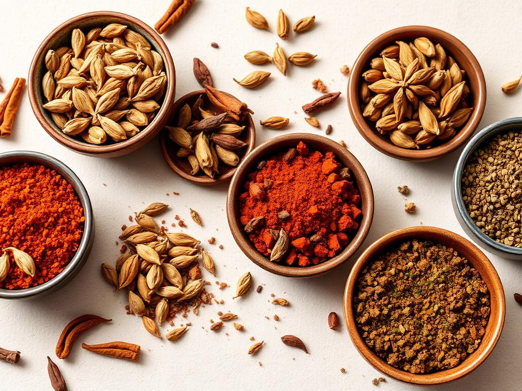 Assorted Indian whole and ground spices in small ceramic bowls