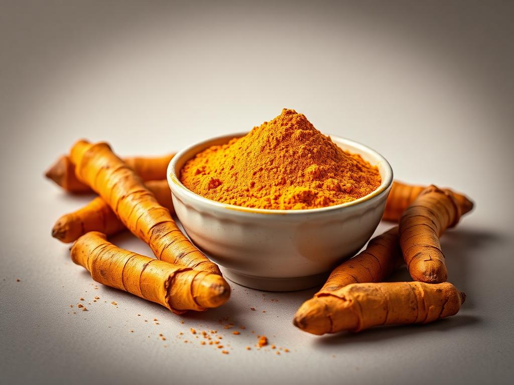 Golden turmeric powder in a bowl beside dried turmeric fingers