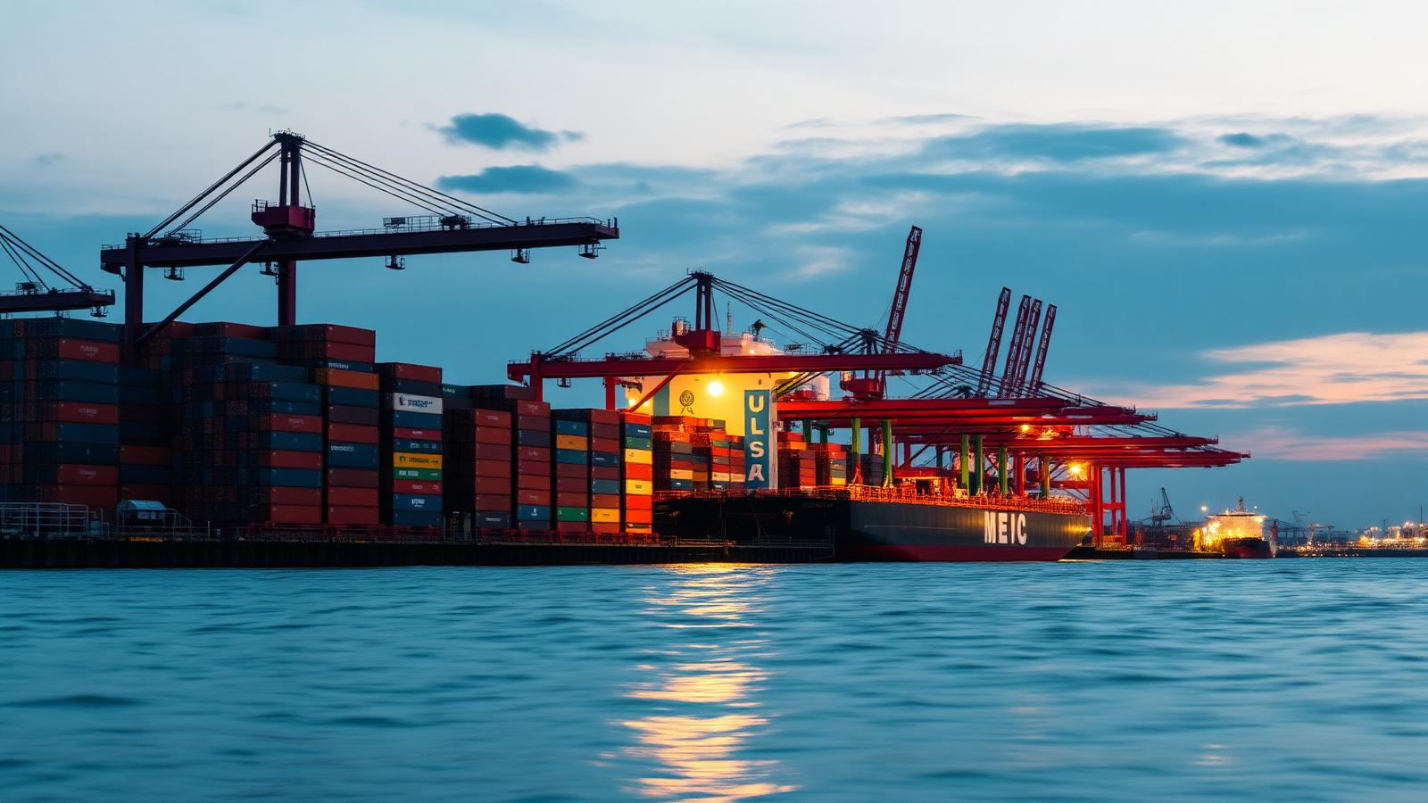 Container ship being loaded with export cargo at an Indian seaport